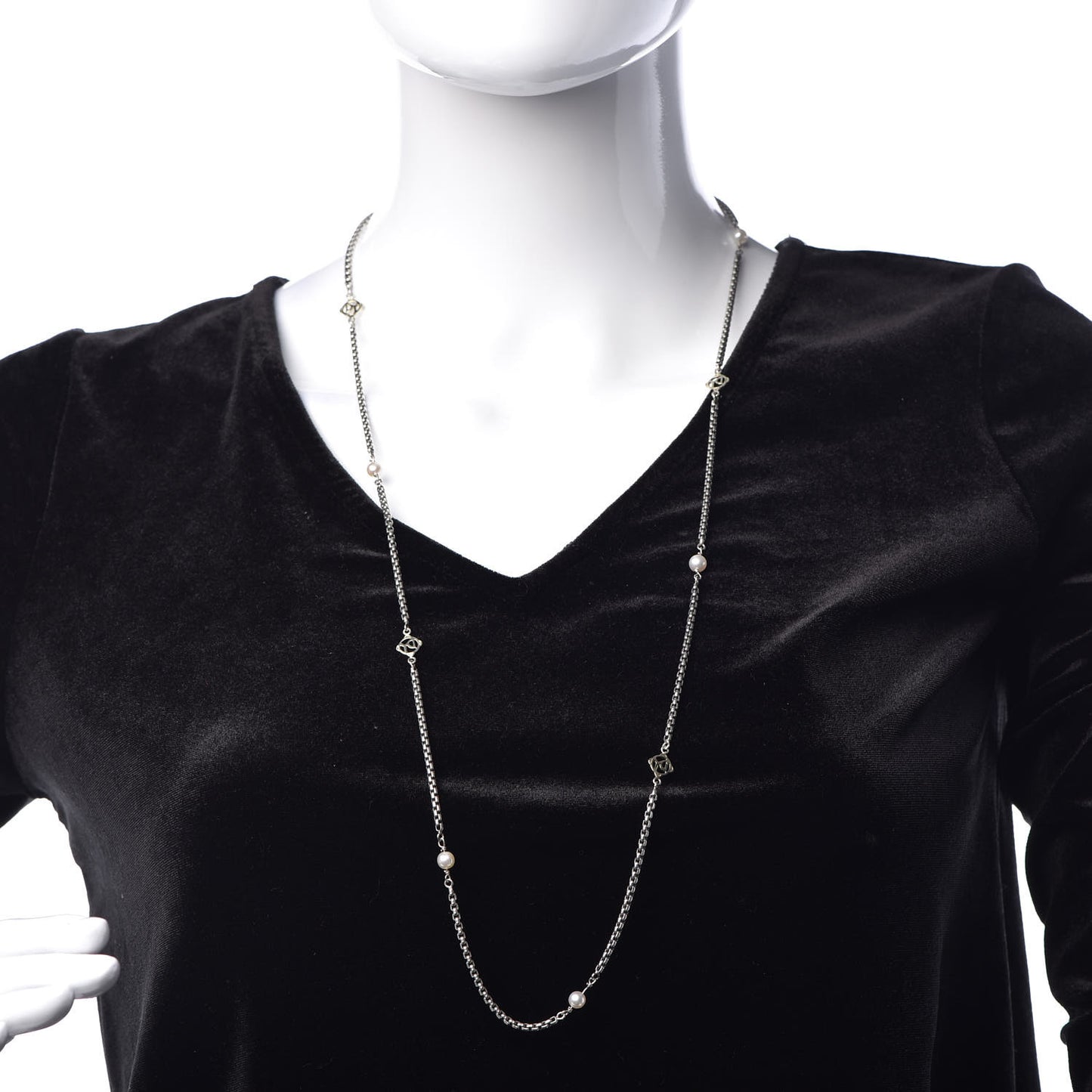 Sterling Silver 14K Yellow Gold Pearl Logo Station Necklace 32"