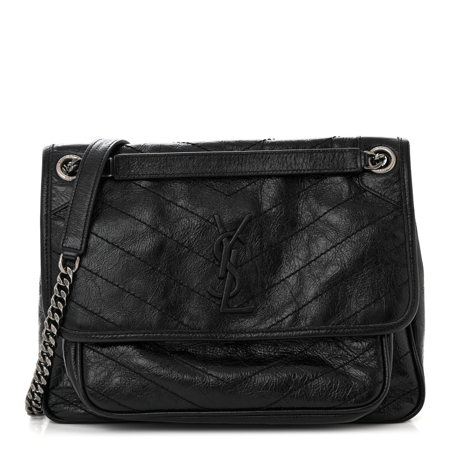 Crinkled Calfskin Matelasse Monogram Medium Niki Chain Satchel Black