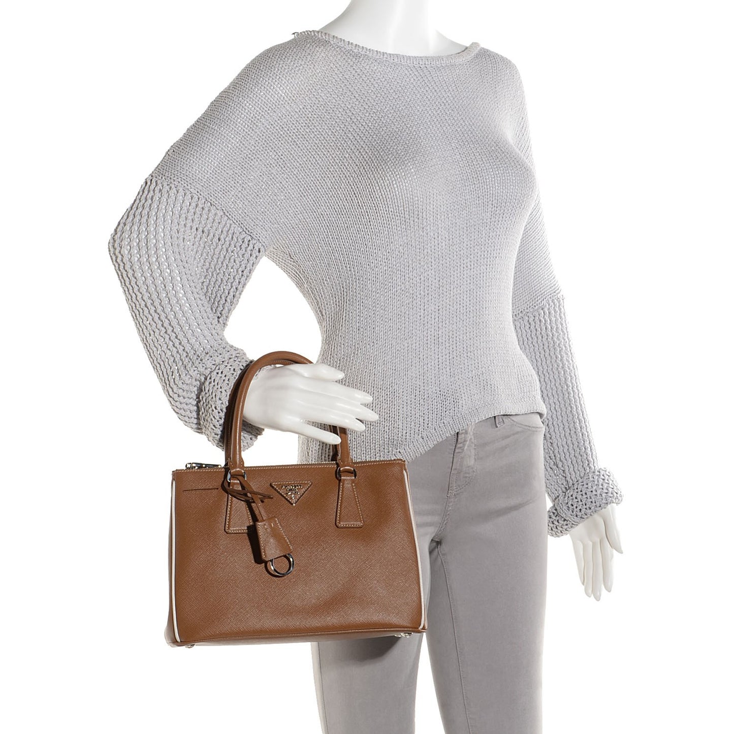 Saffiano Lux Small Double Zip Tote Cannella Talco