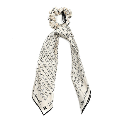 Chanel Silk Twill Square Scarf Hair Tie White Black 1 of 5