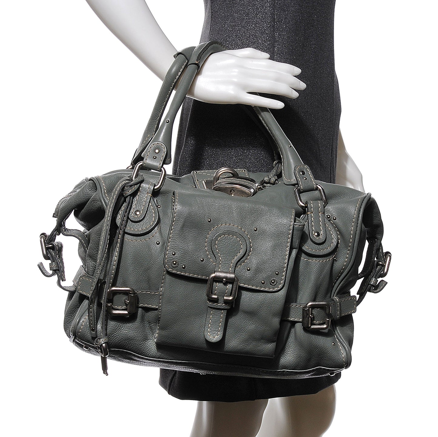 Leather Paddington Front Pocket Tote Gris Vert