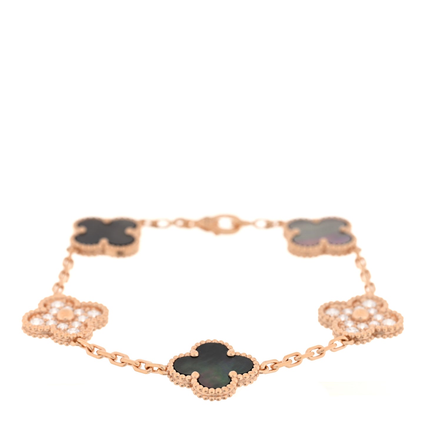 18K Rose Gold Diamond Gray Mother of Pearl 5 Motifs Vintage Alhambra Bracelet