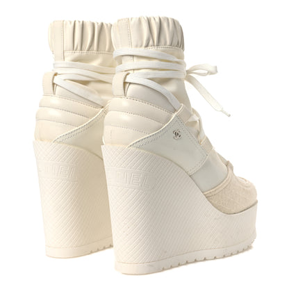 Chanel Tweed Patent Calfskin Runway Wedge Short Platform Boots 38 White Ivory 5 of 13