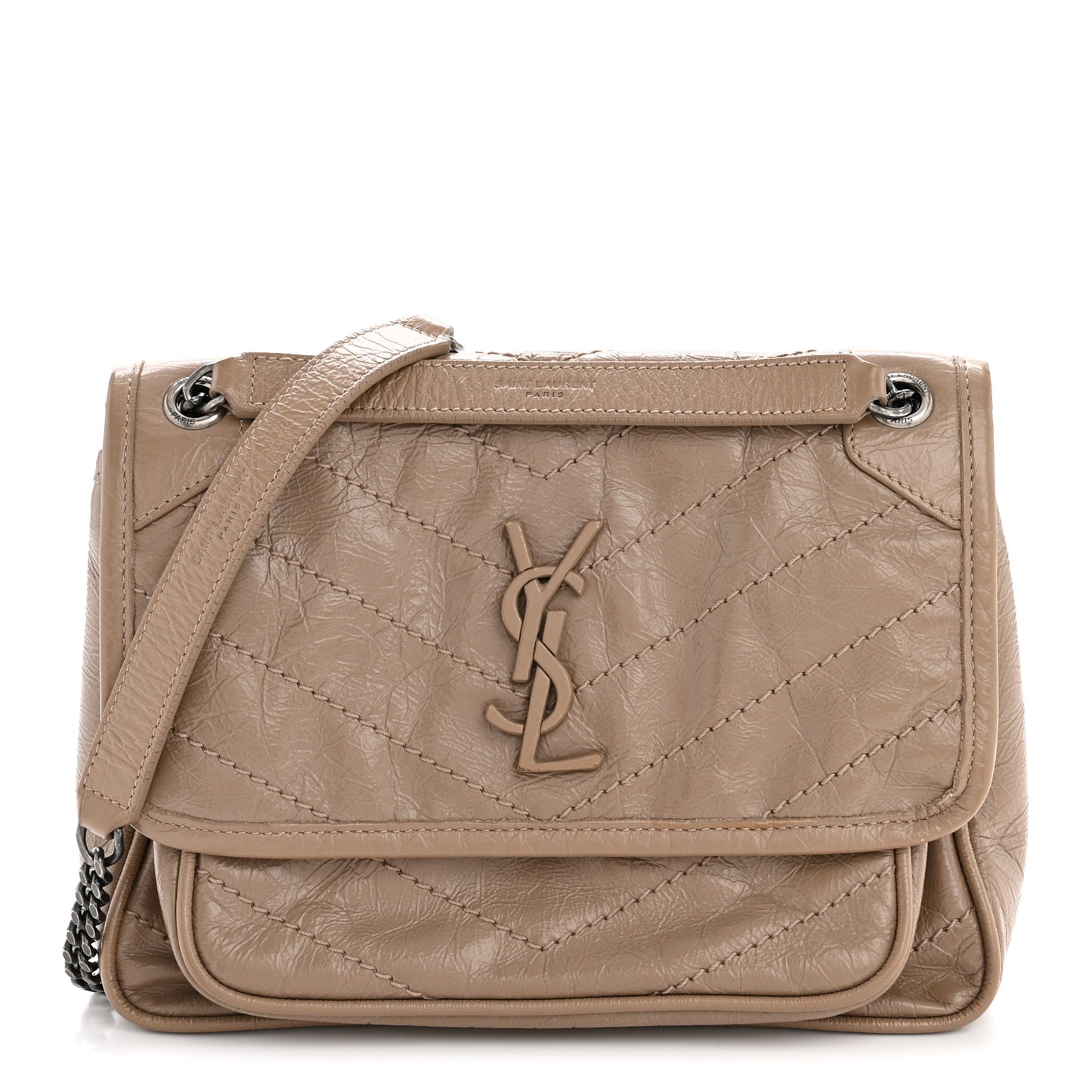 Crinkled Calfskin Matelasse Monogram Baby Niki Chain Satchel Light Taupe