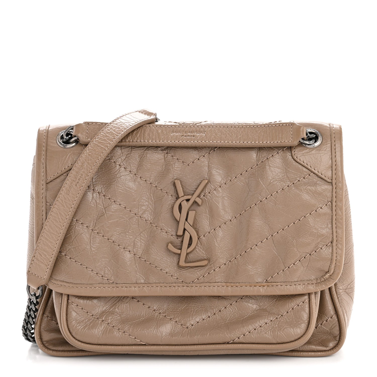 Saint Laurent Crinkled Calfskin Matelasse Monogram Baby Niki Chain Satchel Light Taupe 1 of 13