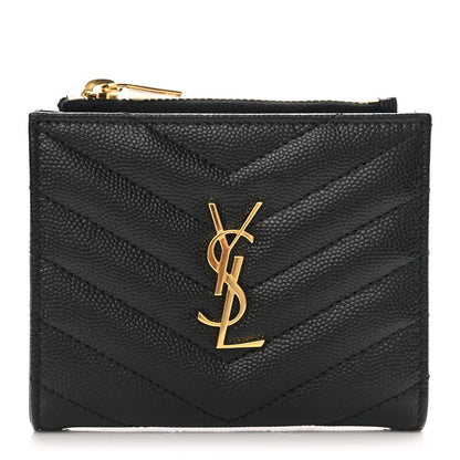 Saint Laurent Grain De Poudre Matelasse Chevron Monogram Zipped Card Case Black 1 of 6