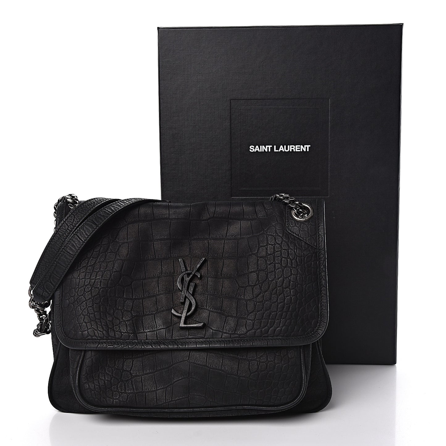 Nubuck Crocodile Embossed Monogram Medium Niki Chain Satchel Black