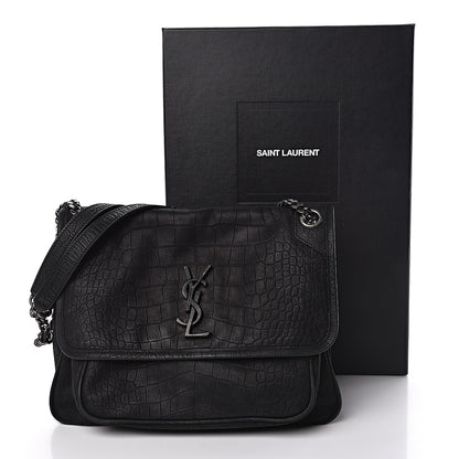 Saint Laurent Nubuck Crocodile Embossed Monogram Medium Niki Chain Satchel Black 17 of 17