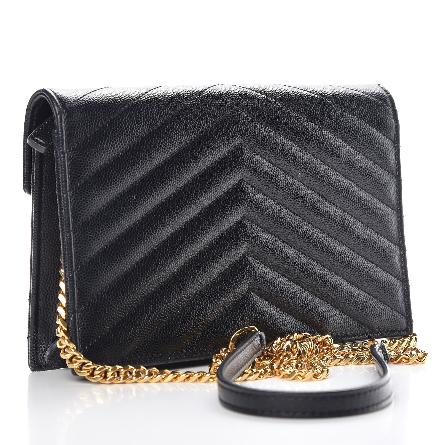 Saint Laurent Grain De Poudre Matelasse Chevron Monogram Envelope Chain Wallet Black 3 of 10