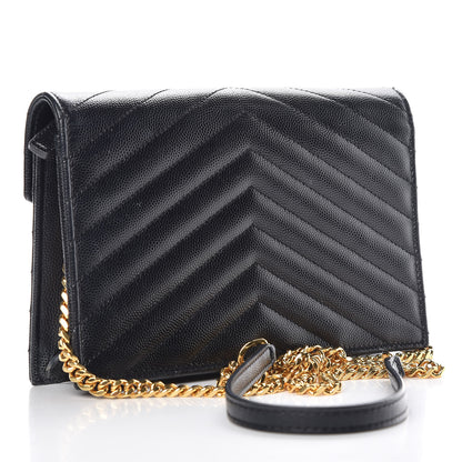 Saint Laurent Grain De Poudre Matelasse Chevron Monogram Envelope Chain Wallet Black 3 of 10