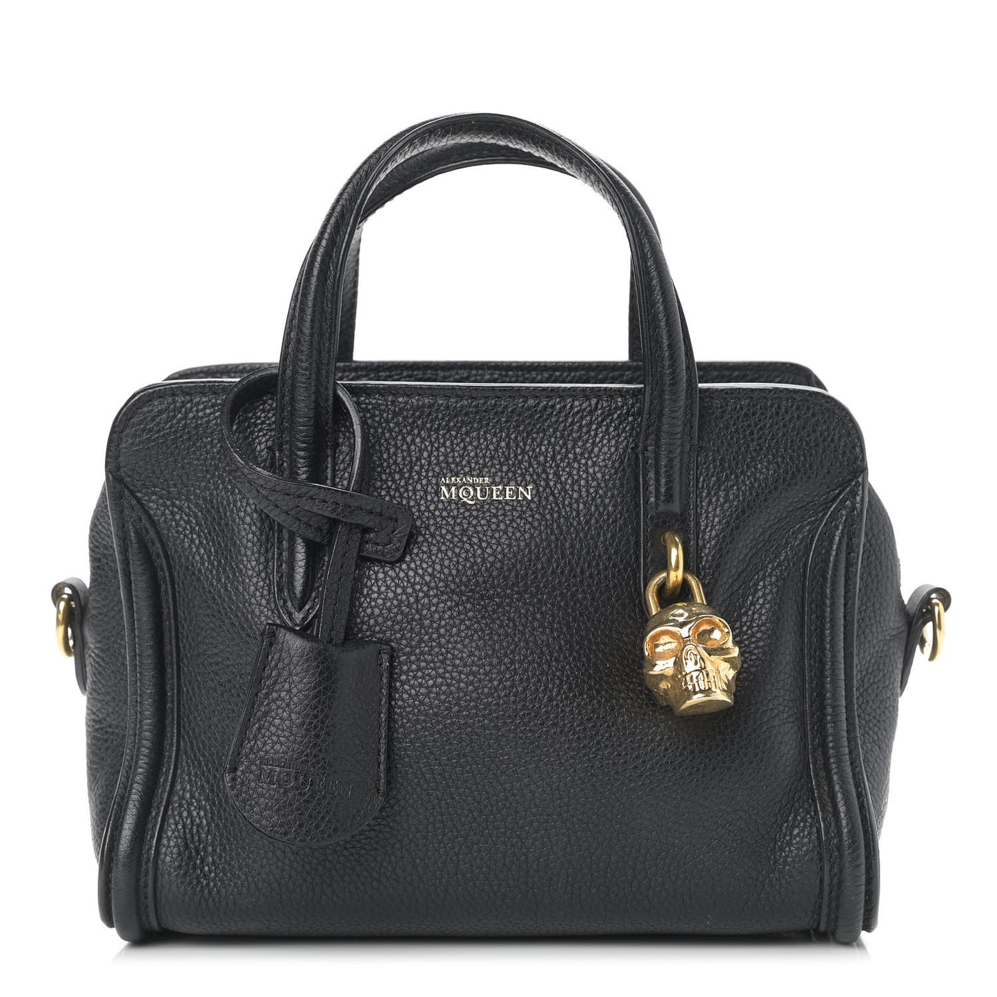 Pebbled Calfskin Mini Skull Padlock Zip Around Tote Black