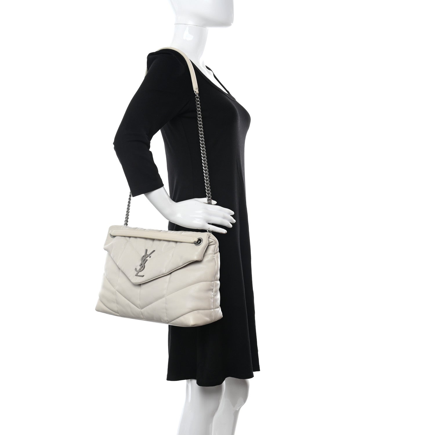 Saint Laurent Lambskin Quilted Medium Loulou Puffer Monogram Chain Satchel Crema Soft 2 of 9