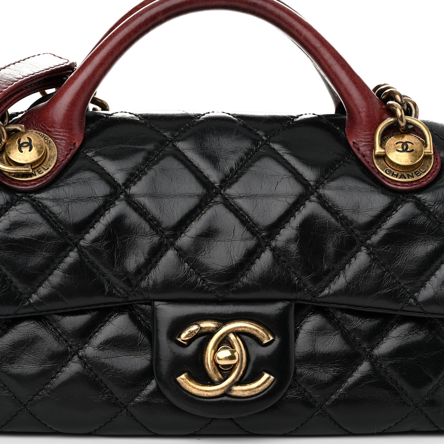 Glazed Calfskin Quilted Small Castle Rock Flap Black Burgundy