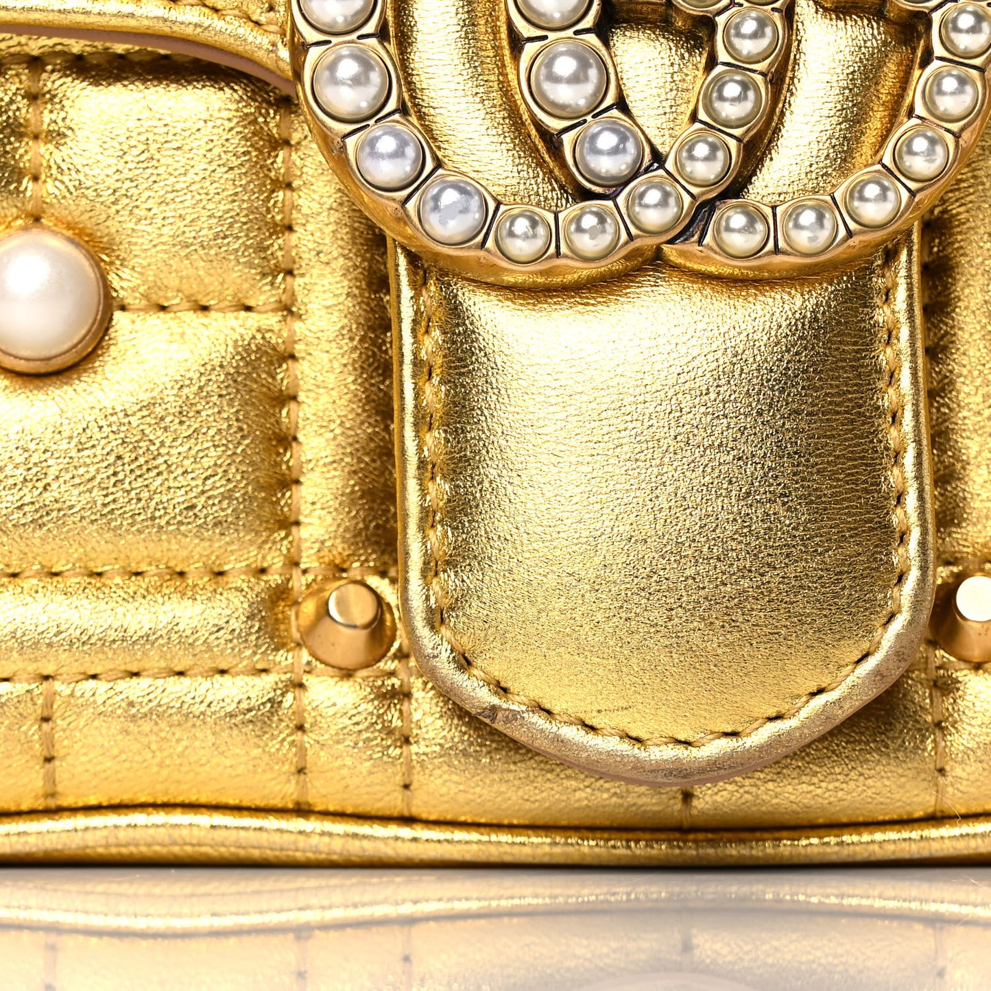Metallic Calfskin Matelasse Studded Mini Pearly GG Marmont Shoulder Bag Gold