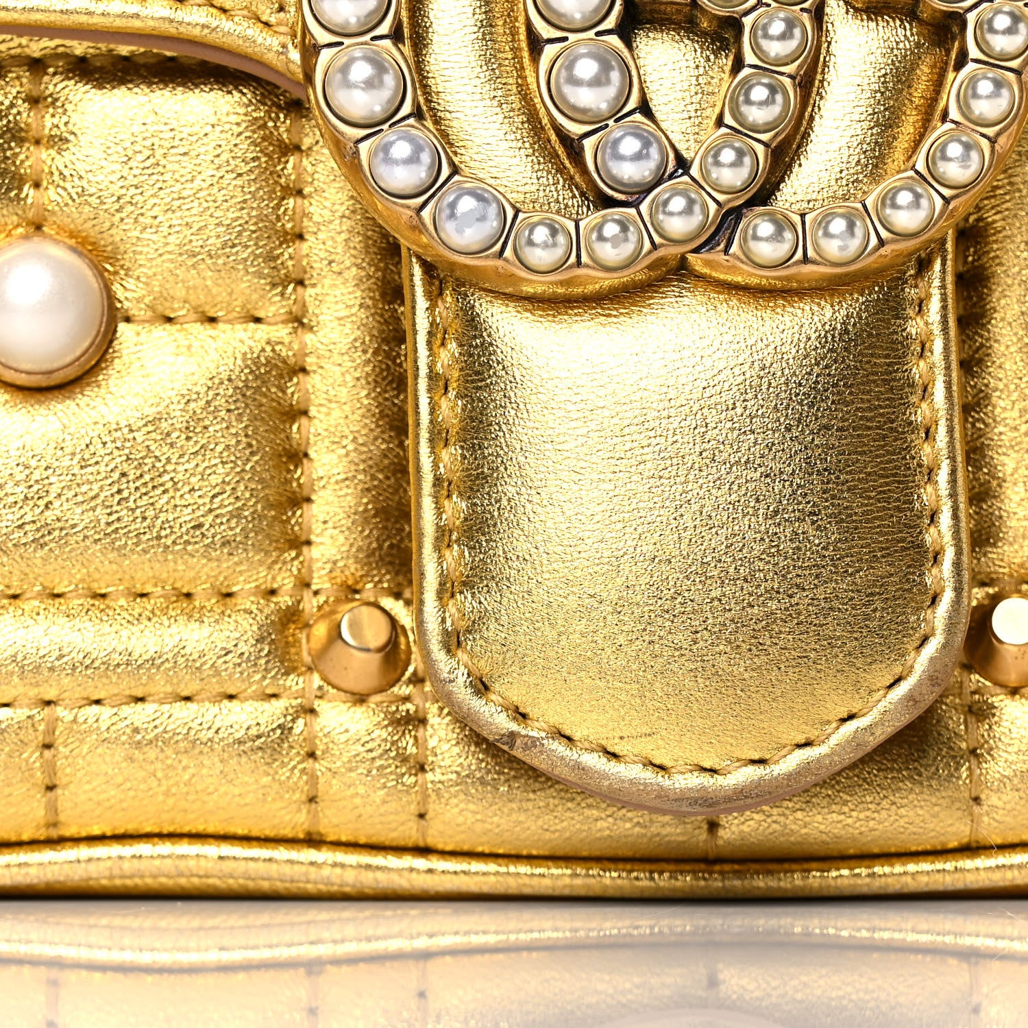 Gucci Metallic Calfskin Matelasse Studded Mini Pearly GG Marmont Shoulder Bag Gold 13 of 15