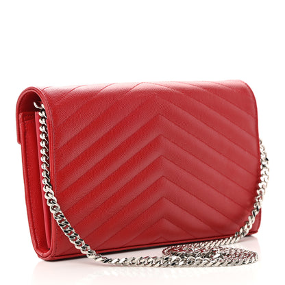 Saint Laurent Grain De Poudre Matelasse Chevron Monogram Chain Wallet Red 2 of 13