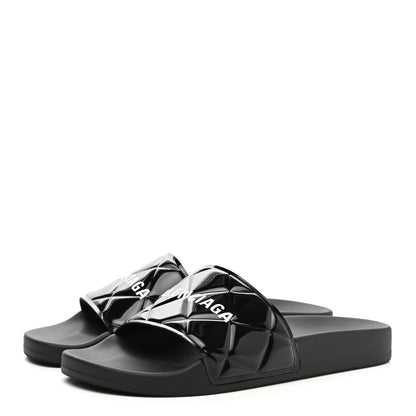 Balenciaga Patent Rubber Logo Womens Pool Slide Sandals 39 Black White 3 of 8