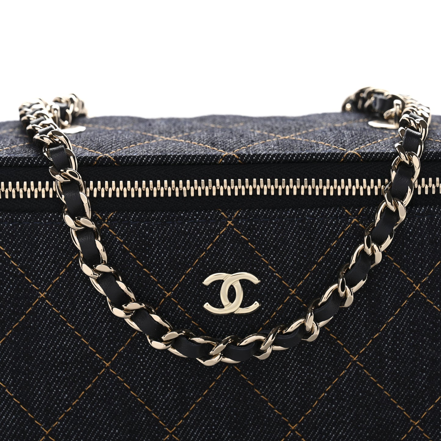 Denim Quilted Small Vanity Case With Chain Dark Blue Orange