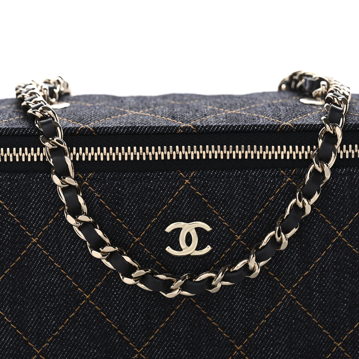 Chanel Denim Quilted Small Vanity Case With Chain Dark Blue Orange 8 of 11
