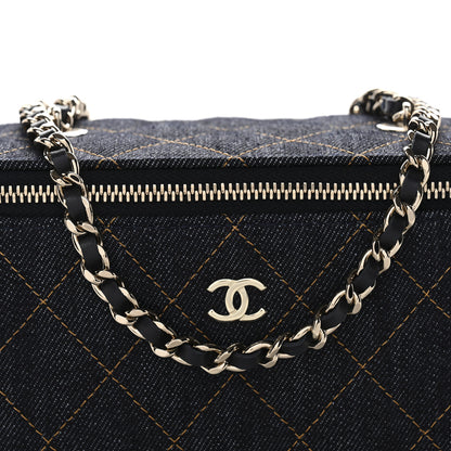 Chanel Denim Quilted Small Vanity Case With Chain Dark Blue Orange 8 of 11