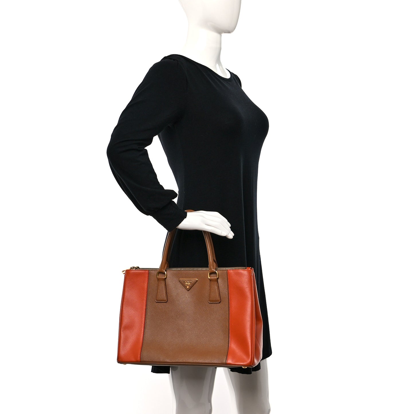 Saffiano Lux Colorblock Medium Galleria Double Zip Tote Caramel Papaya