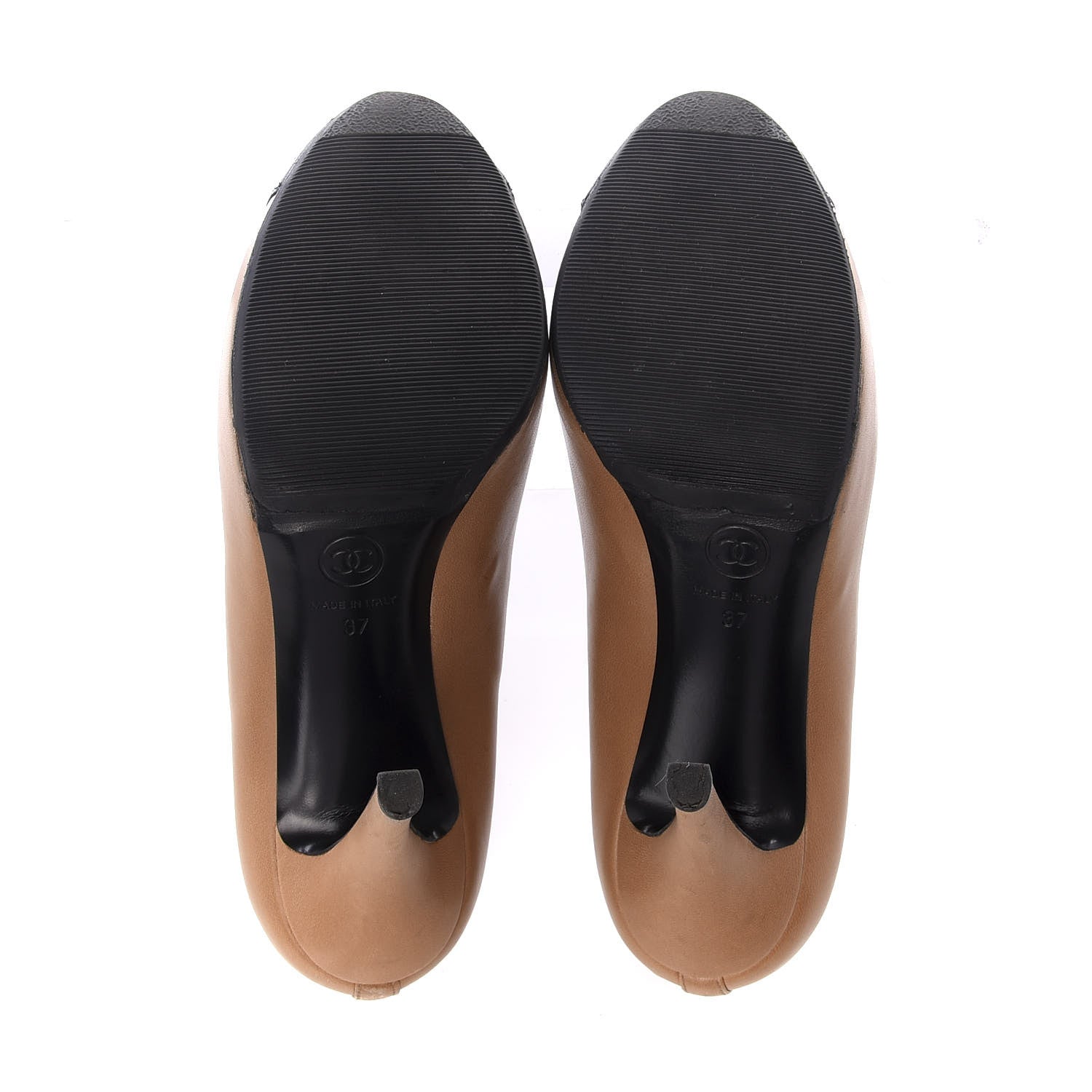 Chanel Lambskin Bow Cap Toe CC Pumps 37 Beige Black 6 of 11