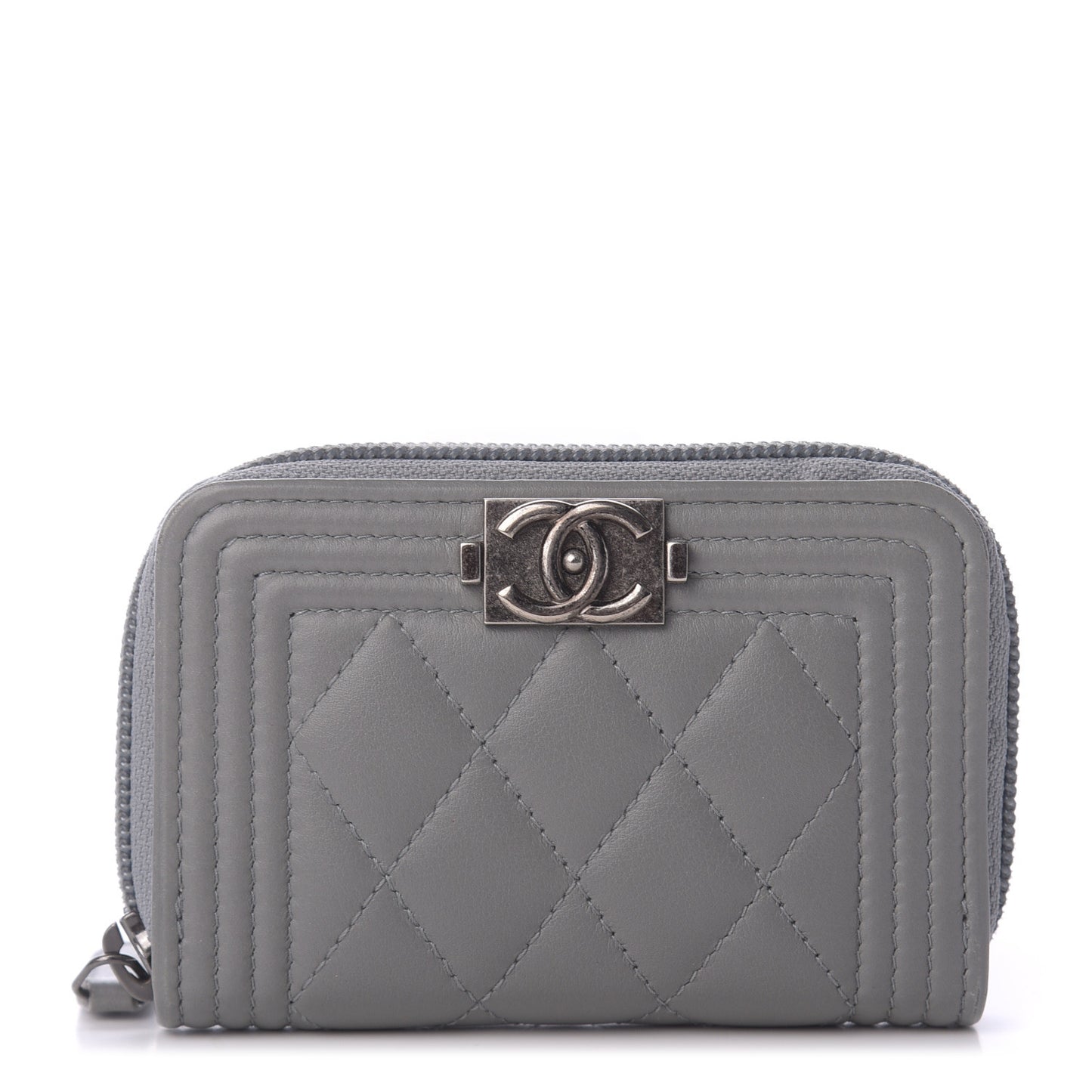 Lambskin Quilted Boy Zip Around Coin Purse Wallet Grey
