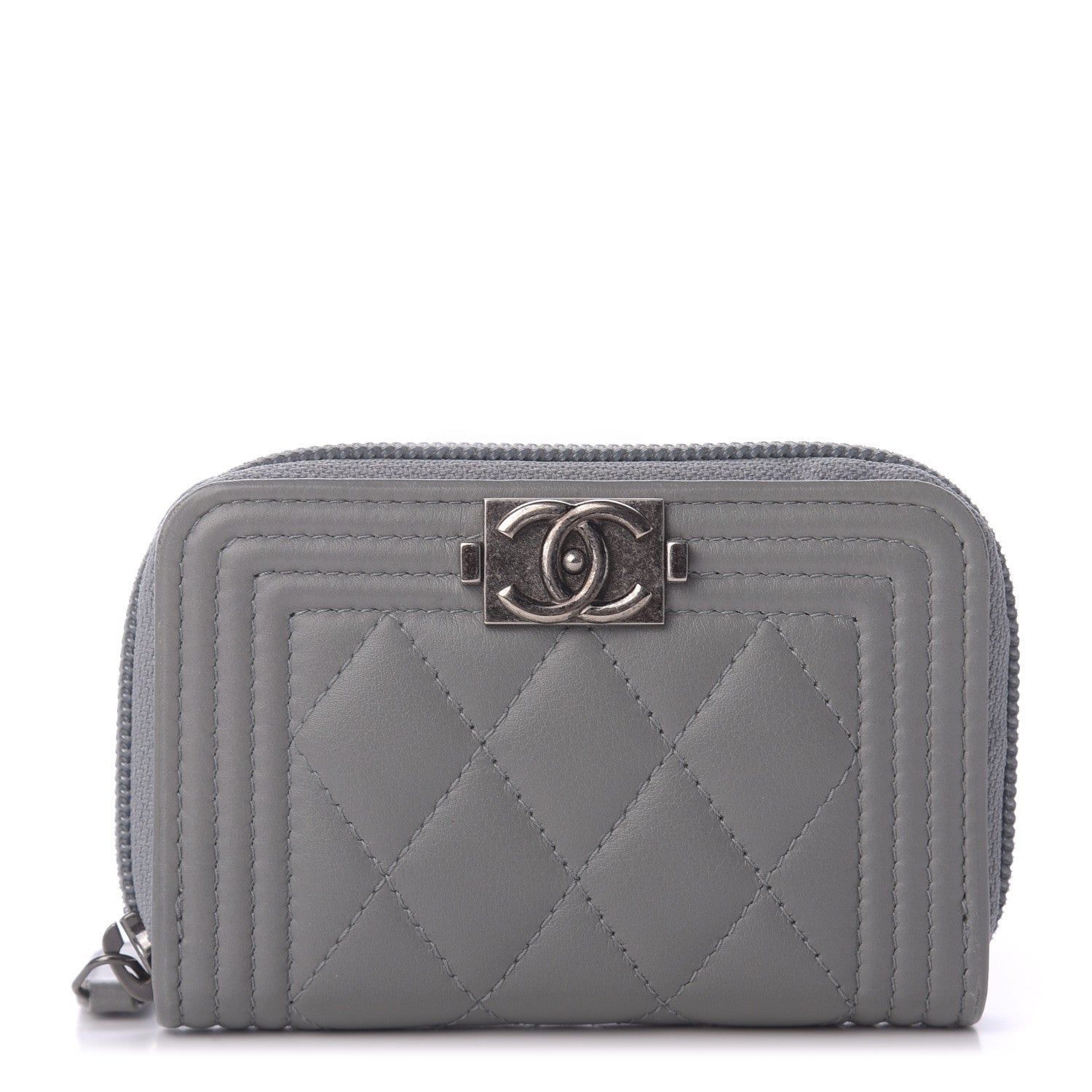 Chanel Lambskin Quilted Boy Zip Around Coin Purse Wallet Grey 1 of 10
