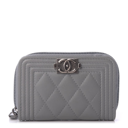 Chanel Lambskin Quilted Boy Zip Around Coin Purse Wallet Grey 1 of 10