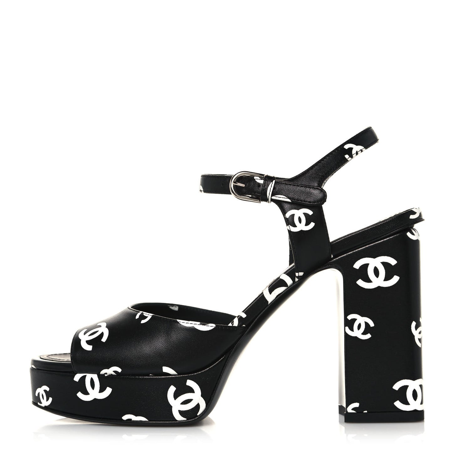 Printed Lambskin CC Platform Sandals 38 Black White