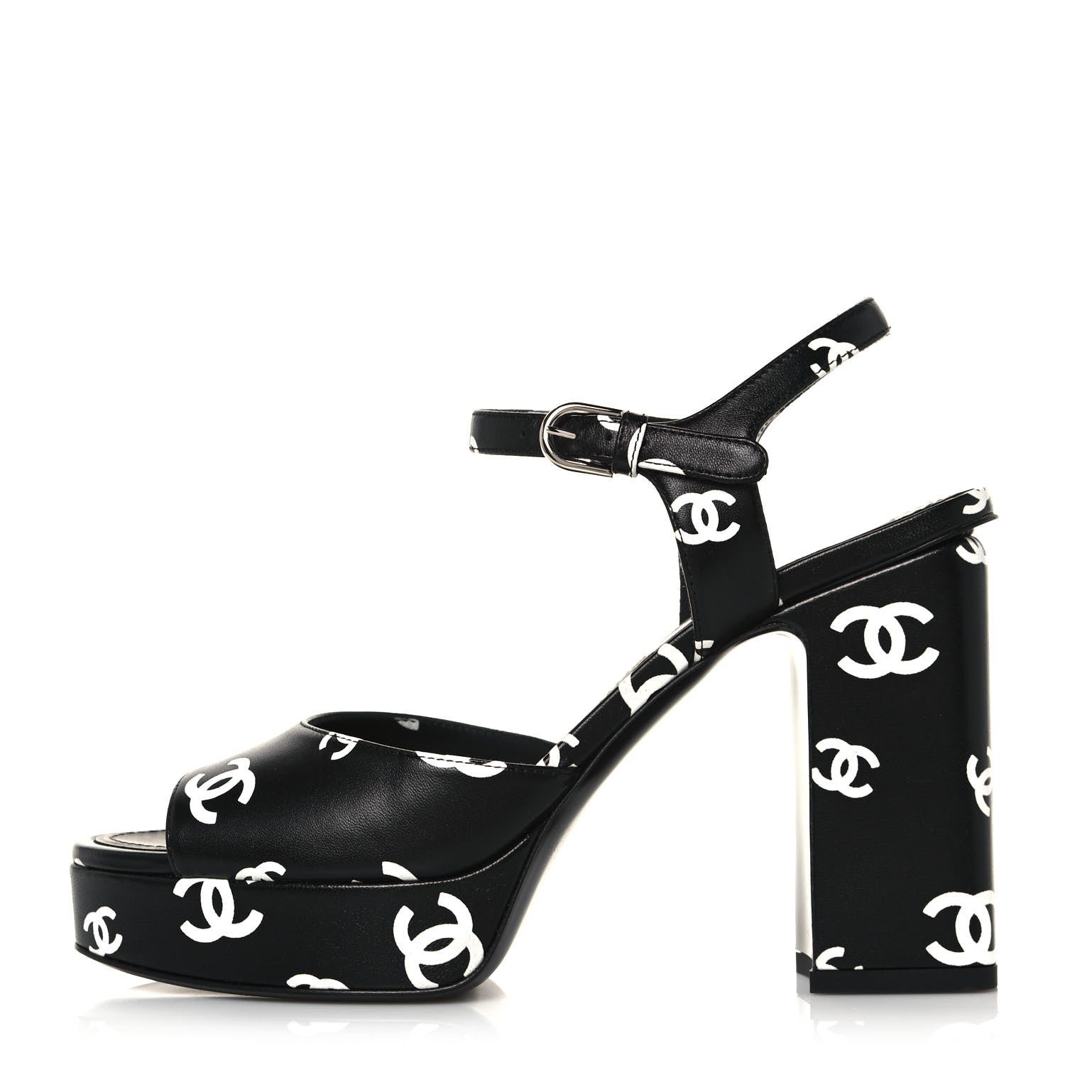 Chanel Printed Lambskin CC Platform Sandals 38 Black White 1 of 8