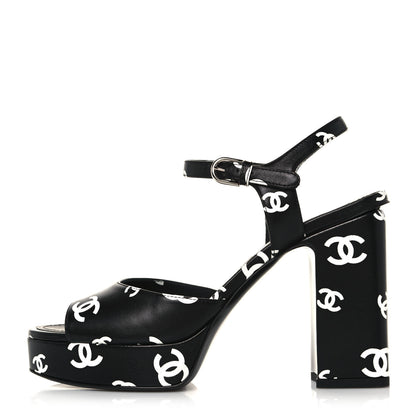Chanel Printed Lambskin CC Platform Sandals 38 Black White 1 of 8