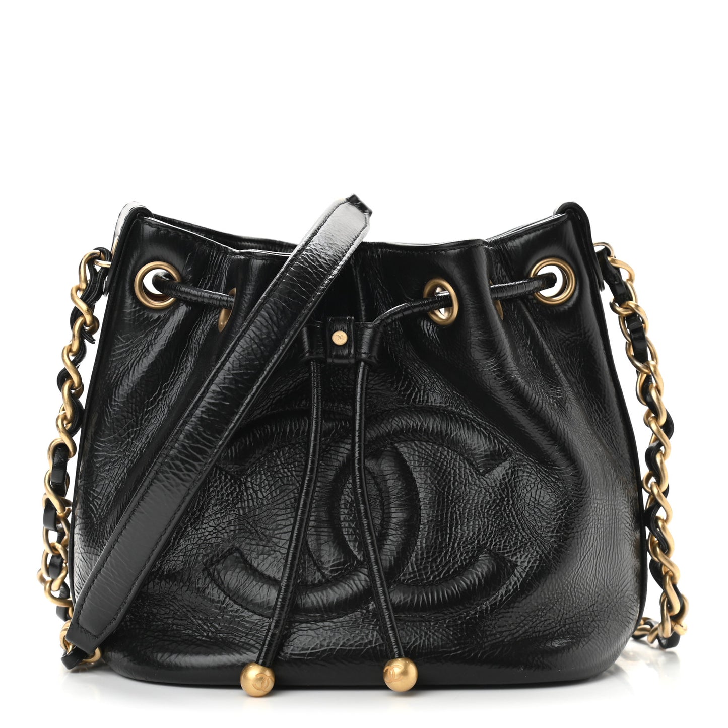 Shiny Aged Calfskin CC Chain Mini Drawstring Bag Black