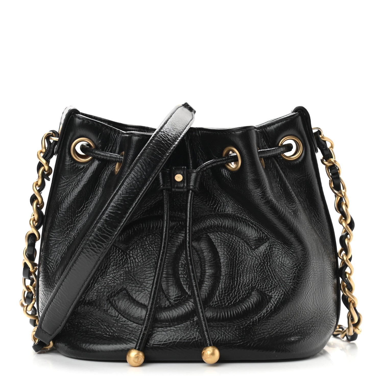 Chanel Shiny Aged Calfskin CC Chain Mini Drawstring Bag Black 1 of 9