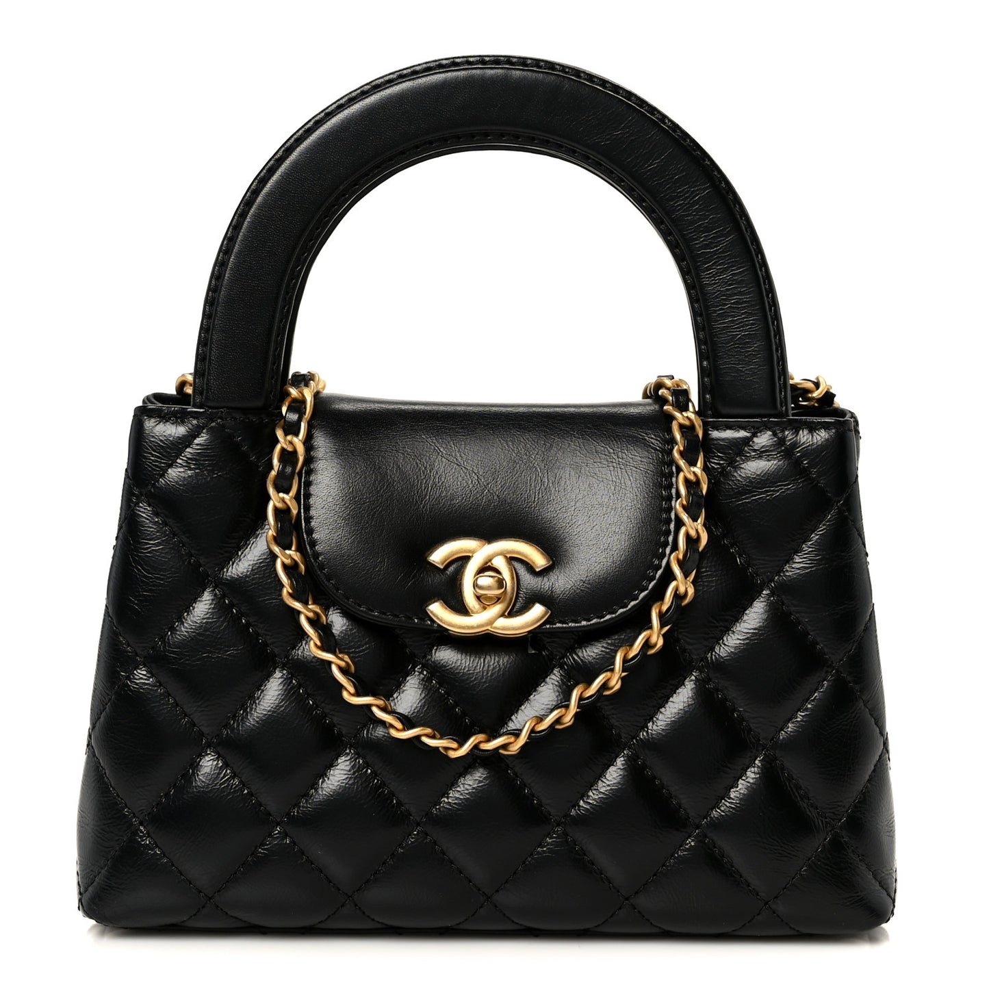 Shiny Aged Calfskin Quilted Nano Kelly Shopper Black