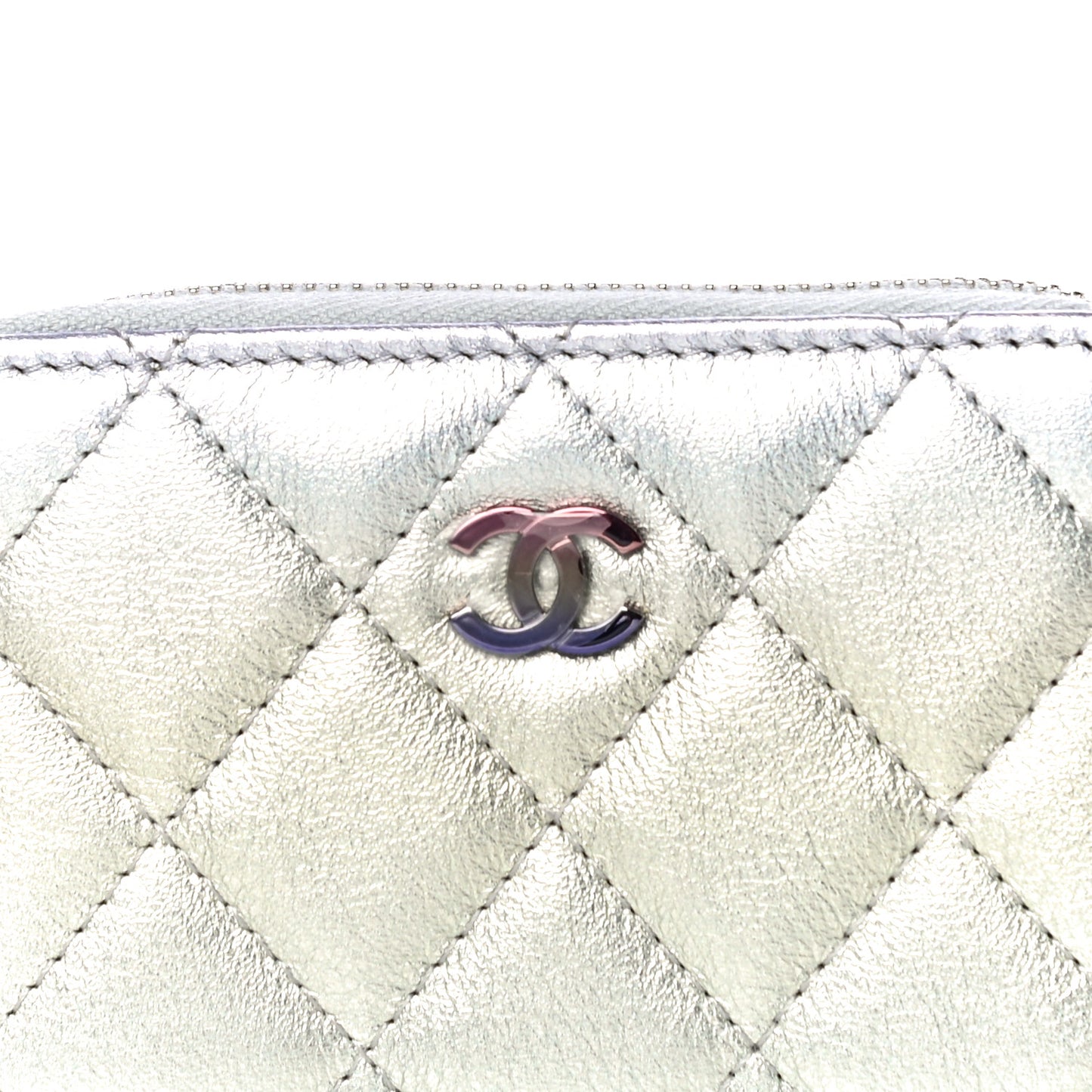 Gradient Metallic Calfskin Quilted Zip Around Coin Purse Wallet Silver Blue Yellow Purple