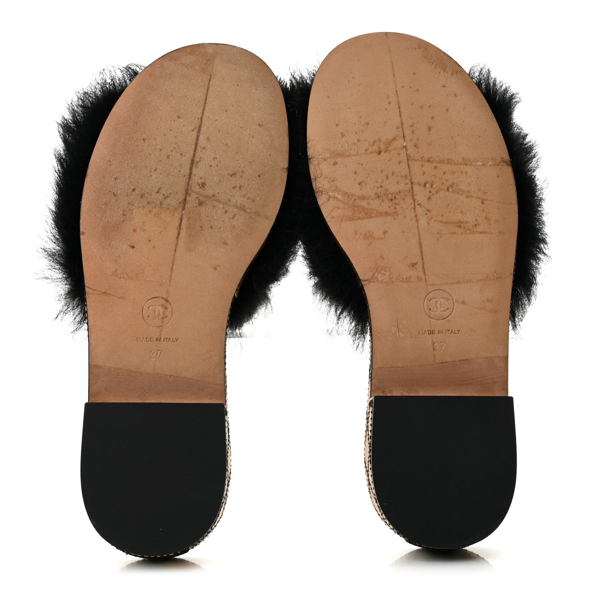 Shearling Lambskin CC Mules Sandal 37 Black White