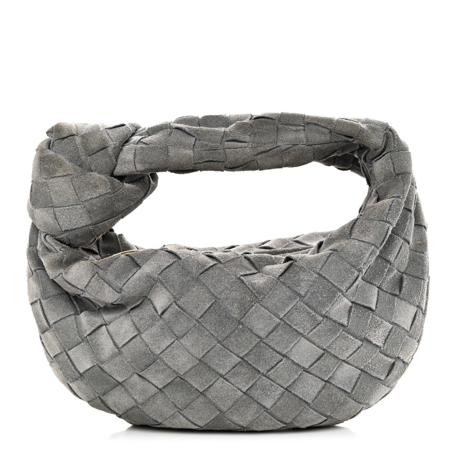 front view image of BOTTEGA VENETA Suede Intrecciato Mini Jodie in the color Thunder by FASHIONPHILE