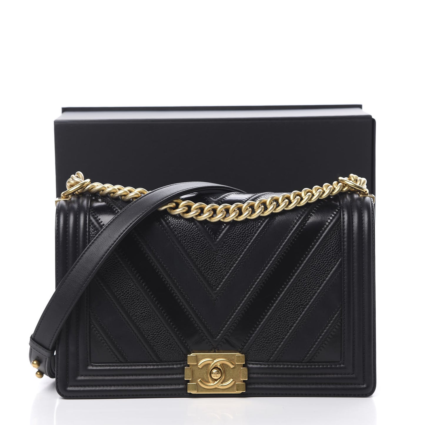 Calfskin Caviar Suede Chevron New Medium Boy Flap Black