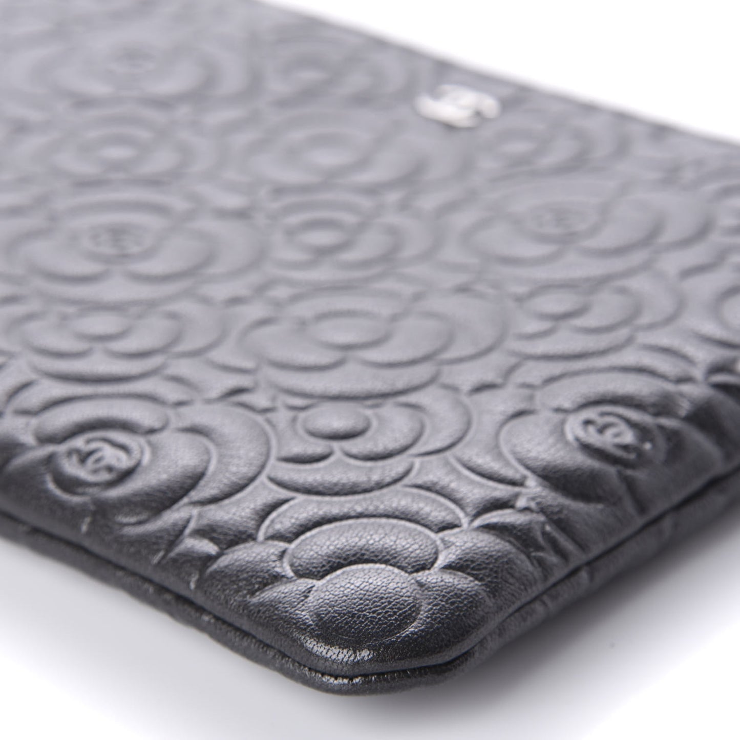 Goatskin Camellia Embossed Medium Cosmetic Case Dark Grey