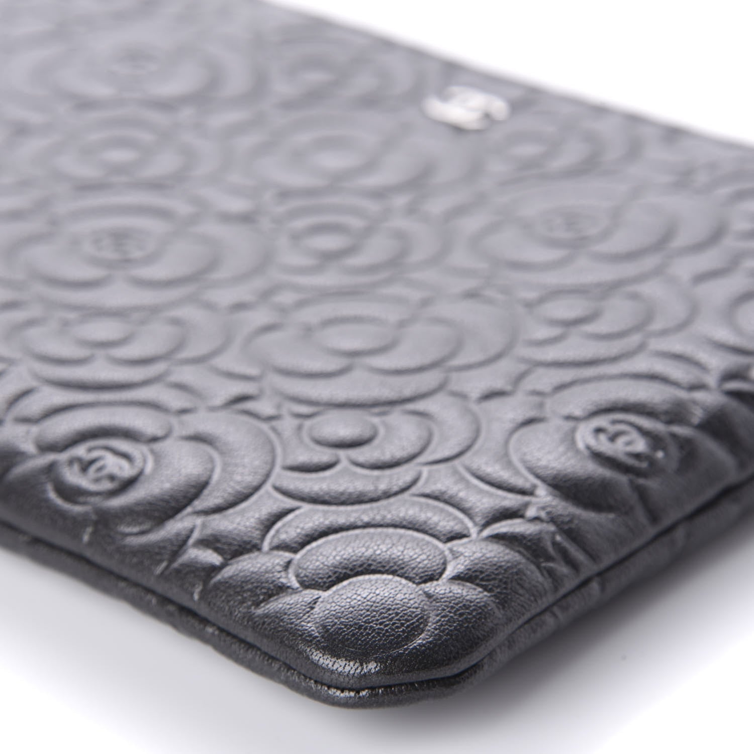 Chanel Goatskin Camellia Embossed Medium Cosmetic Case Dark Grey 7 of 10