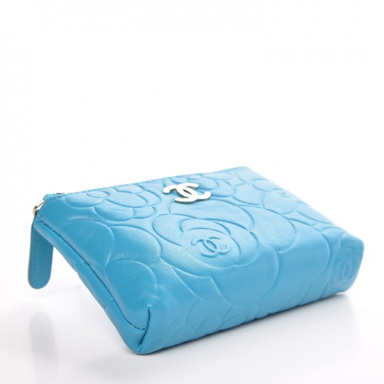 Lambskin Camellia Embossed Key Holder Case Turquoise