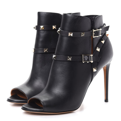 Valentino Garavani Calfskin Rockstud Peep Toe Double Buckle 100mm Ankle Boots 40 Black 3 of 10