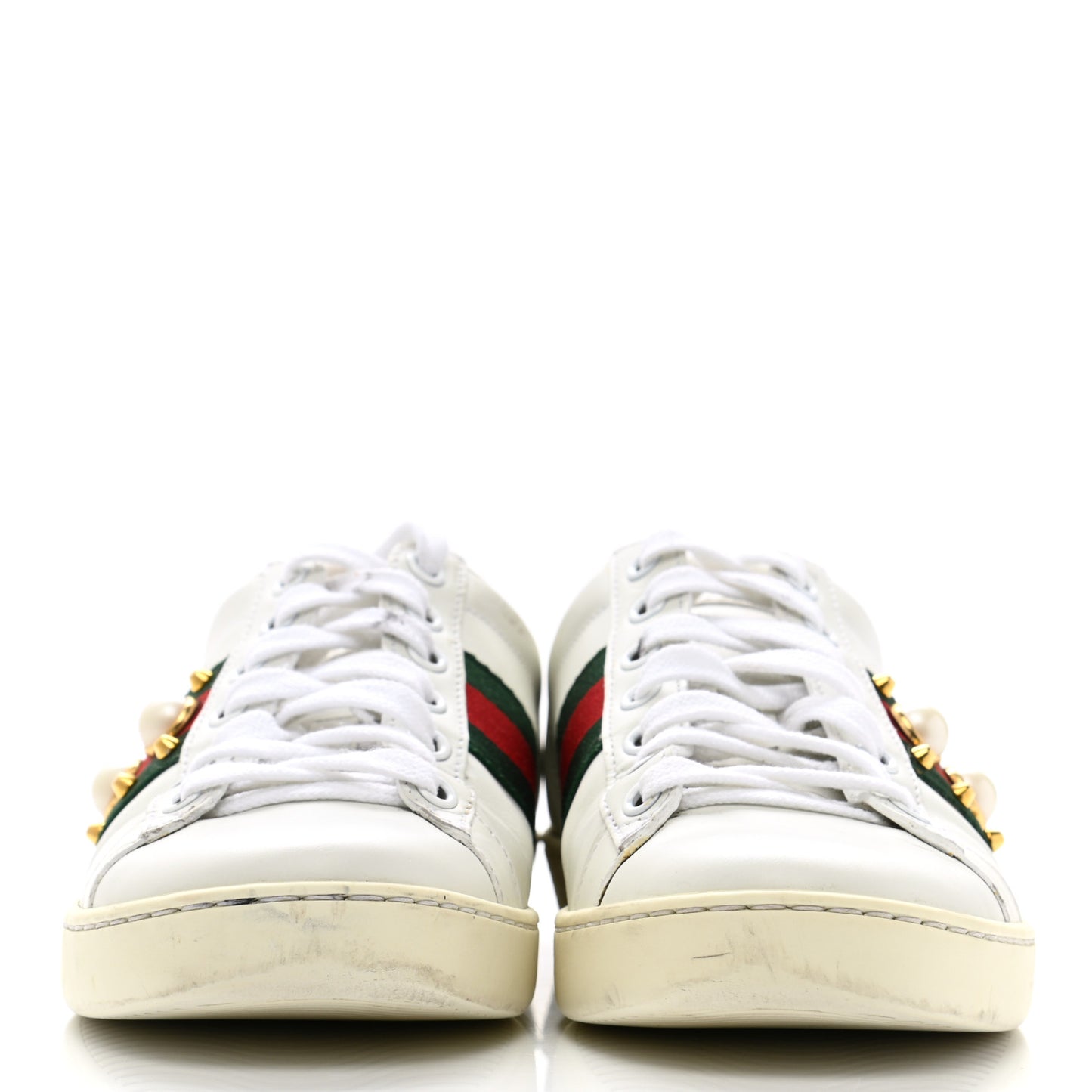 Calfskin Web Pearl Studded Womens Ace Sneakers 35.5 White