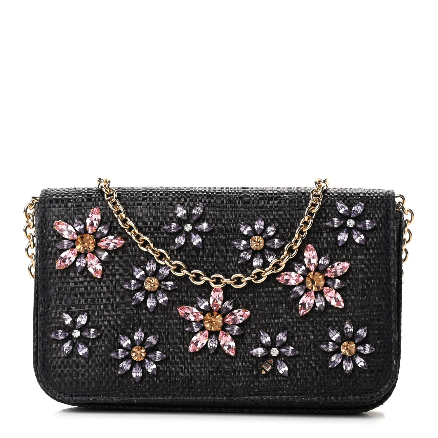 Dolce & Gabbana Raffia Crystal Embellished Chain Clutch Black 1 of 4