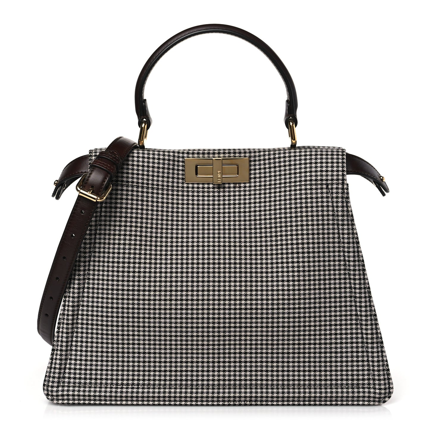 Wool Fabric Jacquard Cuoio Large Houndstooth FF 1974 Medium Peekaboo I SEE U Satchel Beige Tobacco Moro