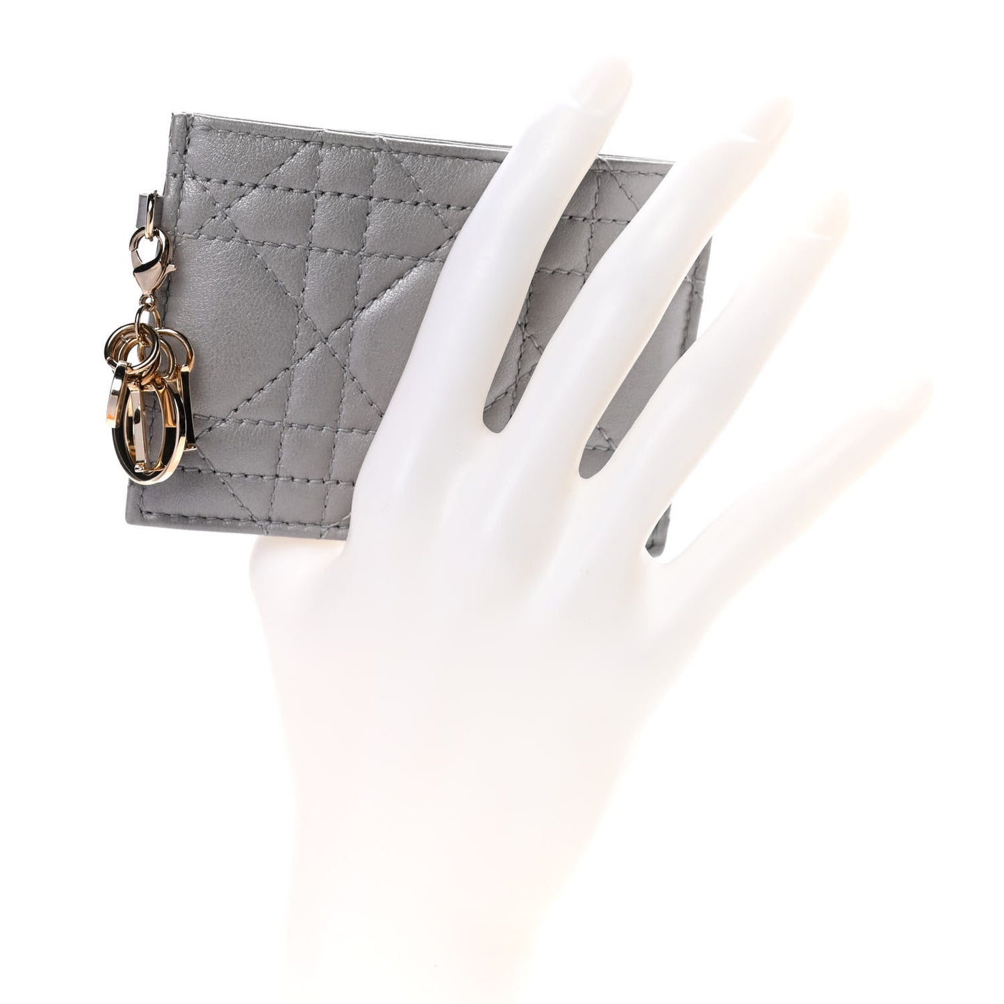 Metallic Lambskin Cannage Lady Dior Card Holder Silver