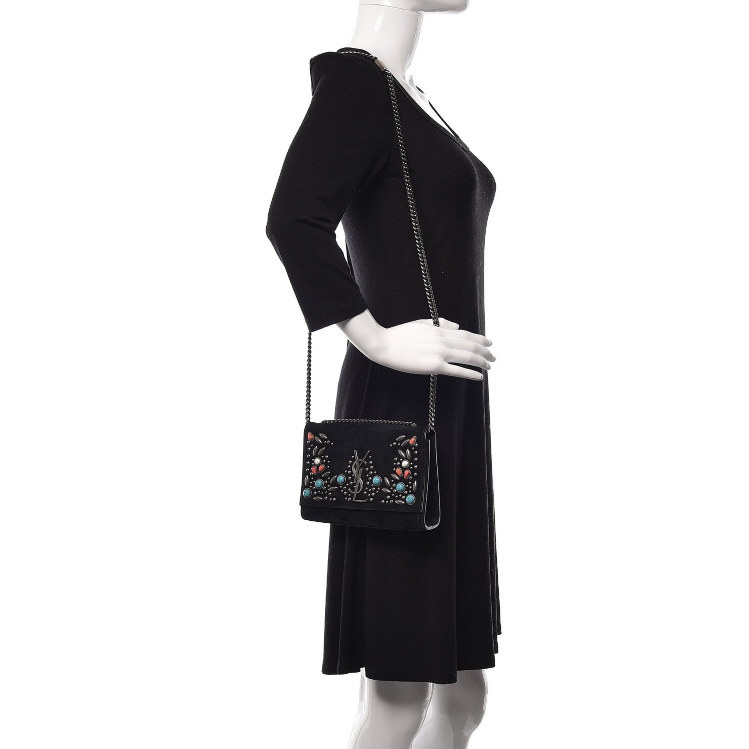 Saint Laurent Suede Small Monogram Stone Studded Kate Satchel Black Turquoise Coral 2 of 11