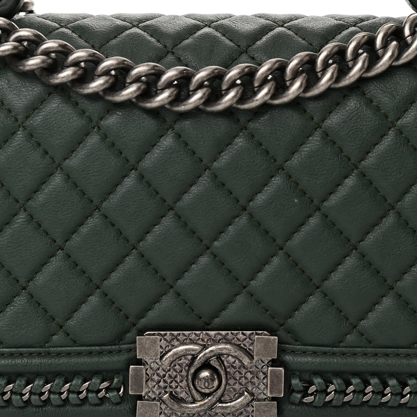 Calfskin Quilted Medium Boy Top Handle Flap Green