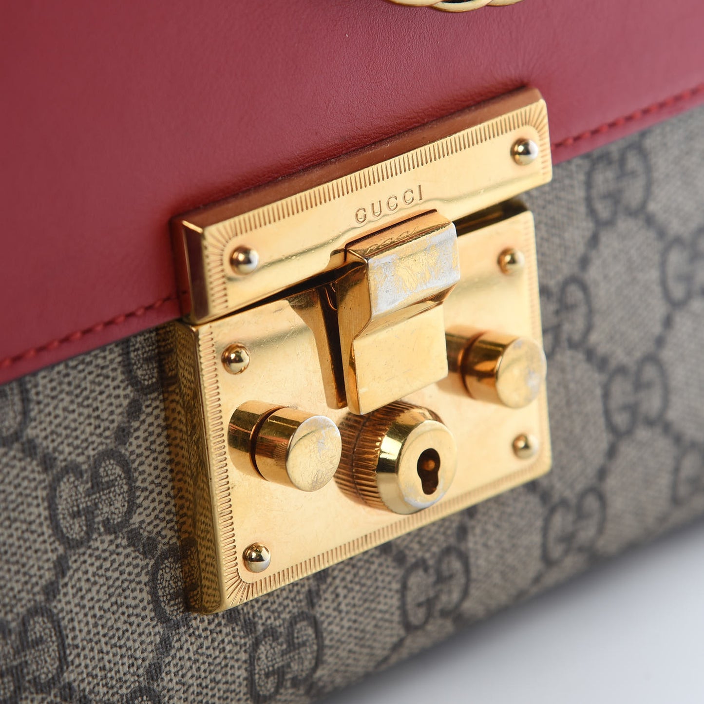 GG Supreme Monogram Calfskin Medium Padlock Shoulder Bag Beige Hibiscus Red New Rosette